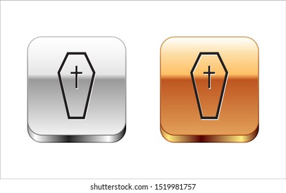 Black Coffin with christian cross icon isolated on white background. Happy Halloween party. Silver-gold square button. Vector Illustration