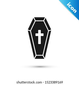 Black Coffin with christian cross icon isolated on white background. Happy Halloween party.  Vector Illustration