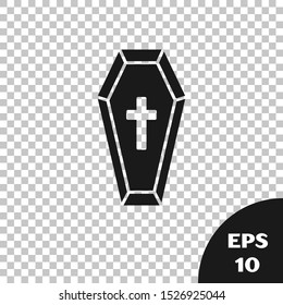 Black Coffin with christian cross icon isolated on transparent background. Happy Halloween party.  Vector Illustration