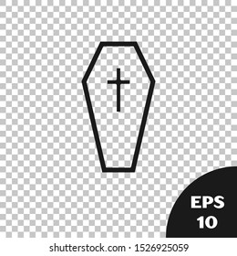 Black Coffin with christian cross icon isolated on transparent background. Happy Halloween party.  Vector Illustration