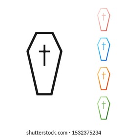 Black Coffin with christian cross icon isolated on white background. Happy Halloween party. Set icons colorful. Vector Illustration