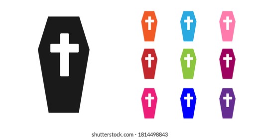 Black Coffin with christian cross icon isolated on white background. Happy Halloween party. Set icons colorful. Vector