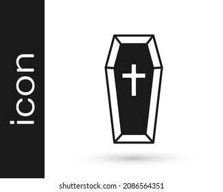 Black Coffin with christian cross icon isolated on white background. Happy Halloween party.  Vector