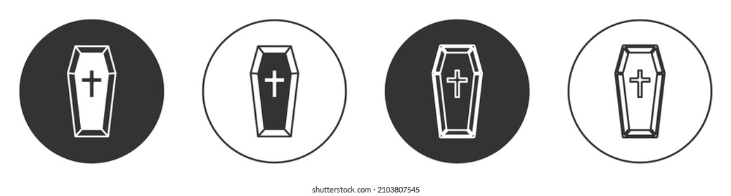 Black Coffin with christian cross icon isolated on white background. Happy Halloween party. Circle button. Vector
