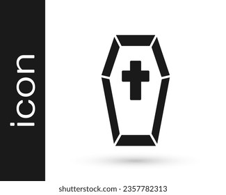 Black Coffin with christian cross icon isolated on white background. Happy Halloween party.  Vector