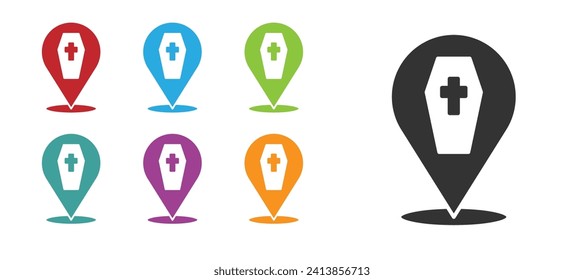 Black Coffin with christian cross icon isolated on white background. Happy Halloween party. Set icons colorful. Vector