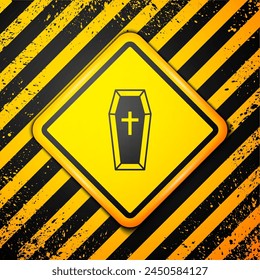 Black Coffin with christian cross icon isolated on yellow background. Happy Halloween party. Warning sign. Vector
