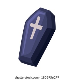 Black Coffin With Cross, Happy Halloween Object Cartoon Style Vector Illustration on White Background