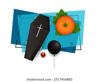 Schwarzer Sarg mit Kreuz und Kürbis, Kerze, Ballon in der Nähe. Draufsicht. Halloween und Angstkonzept. Banner-Design auf hellem Hintergrund. Vektorgrafik kann für Faltblätter, Poster, Flyer verwendet werden