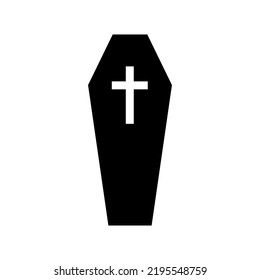 Black coffin with cross silhouette. Gloomy wooden box for burial of dead. Spooky container for rest and sleep vector vampire