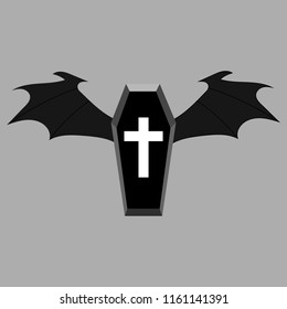 Black Coffin with Dark Wings for your Design, Game, Card. White Cross. Halloween Elements.Vector Illustration.