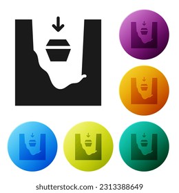 Black Coffin in grave icon isolated on white background. Funeral ceremony. Set icons in color circle buttons. Vector