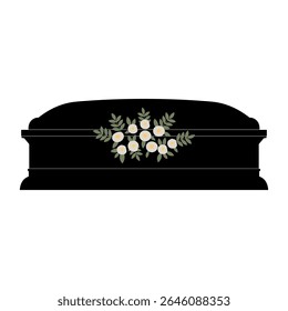 Caixão preto com flores brancas ilustração vetor para o funeral. Elemento de design de luto desenhado à mão para enterro, despedida, cartão de convite de cerimônia de luto, sinal, logotipo. Cemitério, cultura cristã