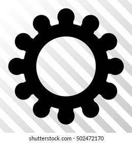 Black Cog toolbar pictogram. Vector pictograph style is a flat symbol on diagonal hatch transparent background.