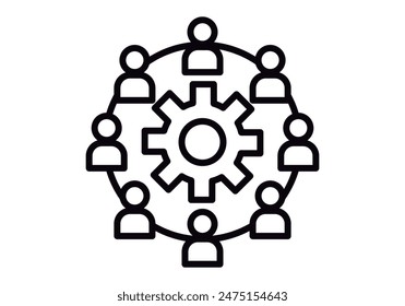 Black cogwheel icon surrounded by user profiles representing teamwork