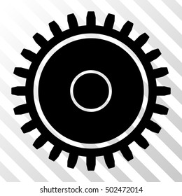 Black Cogwheel toolbar pictogram. Vector pictograph style is a flat symbol on diagonal hatch transparent background.