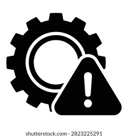 Black cogwheel with a warning triangle and exclamation mark. Symbolizes system error, technical fault, maintenance alert, or setting issue. Minimalist design on white background.