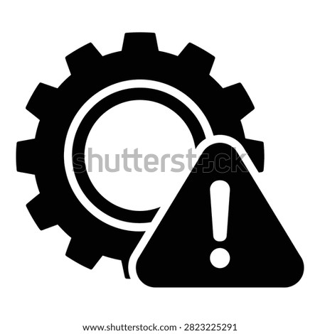 Black cogwheel with a warning triangle and exclamation mark. Symbolizes system error, technical fault, maintenance alert, or setting issue. Minimalist design on white background.