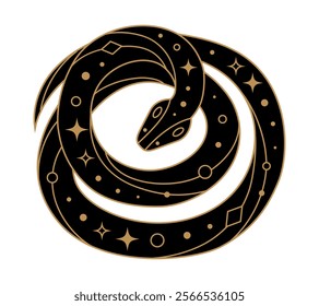 Black coiled snake silhouette with golden geometric design elements. Symbol of Chinese New Year 2025. Vector illustration isolated on transparent background