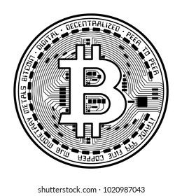 Black coin with bitcoin silhouette isolated on white background