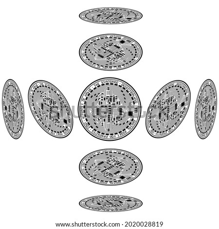 Black coin cryptocurrency silhouette isolated on white background in different perspective views
