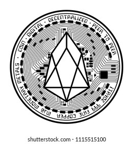 Black coin with EOS cryptocurrency silhouette isolated on white background