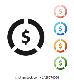 Black Coin money with dollar symbol icon isolated on white background. Banking currency sign. Cash symbol. Set icons colorful. Vector Illustration
