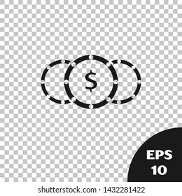 Black Coin money with dollar symbol icon isolated on transparent background. Banking currency sign. Cash symbol.  Vector Illustration