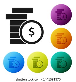 Black Coin money with dollar symbol icon isolated on white background. Banking currency sign. Cash symbol. Set icons colorful circle buttons. Vector Illustration