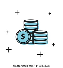 Black Coin money with dollar symbol icon isolated on white background. Banking currency sign. Cash symbol.  Vector Illustration