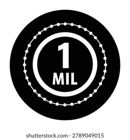 A black coin with a white one million mil symbol on a plain white background