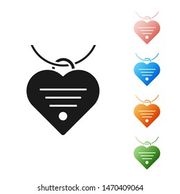 Black Collar with name tag and heart icon isolated on white background. Simple supplies for domestic animal. Cat and dog care. Pet chains. Set icons colorful. Vector Illustration