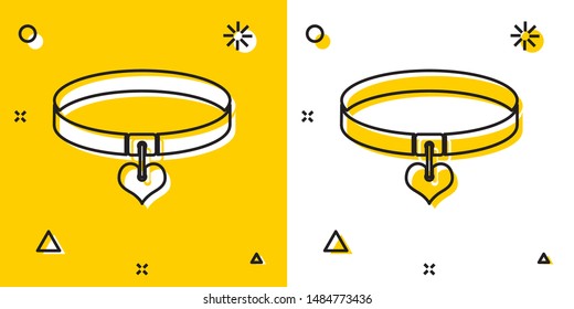 Black Collar with name tag and heart icon isolated on yellow and white background. Simple supplies for domestic animal. Cat and dog care. Pet chains. Random dynamic shapes. Vector Illustration