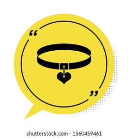 Black Collar with name tag and heart icon isolated on white background. Simple supplies for domestic animal. Cat and dog care. Pet chains. Yellow speech bubble symbol. Vector Illustration
