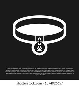 Black Collar with name tag icon isolated on black background. Supplies for domestic animal. Dog or cat paw print. Cat and dog care. Pet chains. Vector Illustration