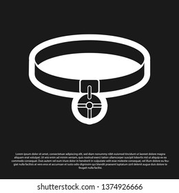 Black Collar with name tag icon isolated on black background. Simple supplies for domestic animal. Cat and dog care. Pet chains. Vector Illustration