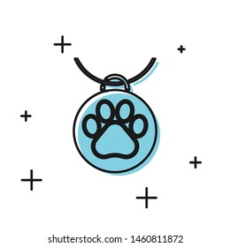 Black Collar With Name Tag Icon Isolated On White Background. Supplies For Domestic Animal. Dog Or Cat Paw Print. Cat And Dog Care. Pet Chains.  Vector Illustration