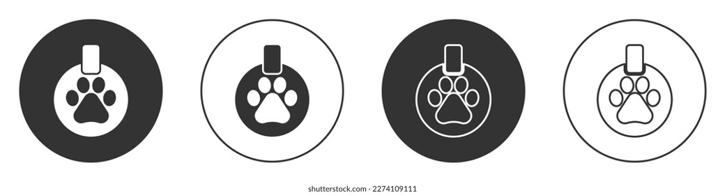Black Collar with name tag icon isolated on white background. Supplies for domestic animal. Dog or cat paw print. Cat and dog care. Pet chains. Circle button. Vector