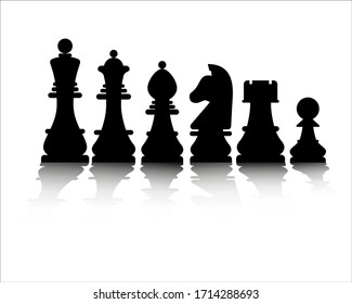 Black collection chess icons on white background. King, queen, pawn, rook, horse, bishop with shadow. Six pieces Flat style Vector Illustration Symbol sign. Image for teaching book.