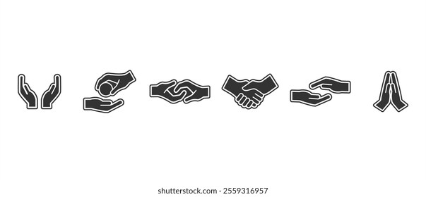 Black collection of hand gesture flat icons set. Handshake, peace and love. Hand icon set. Contains gestures, collection of vector icons in flat form isolated on transparent background. 