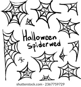 Black collection of spider webs of different shapes for Halloween. Set of doodles drawn with a brush.