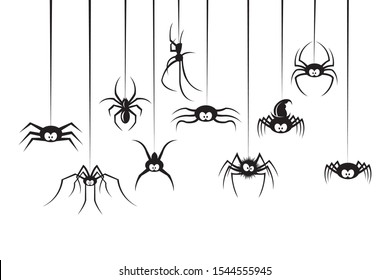 black collection of various spiders isolated on white background