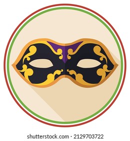 Black Colombina half-mask for Venice's Carnival over round button with Italian colors. Design in flat style and long shadow.