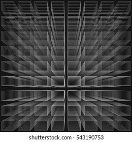 Black color abstract infinity background, 3d structure with white rectangles forming illusion of depth and perspective, vector illustration