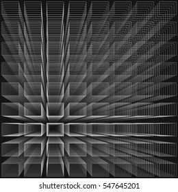 Black color abstract infinity background, 3d structure with white rectangles forming illusion of depth and perspective, vector illustration.