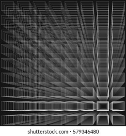 Black color abstract infinity background, 3d structure with white rectangles forming illusion of depth and perspective, vector illustration.