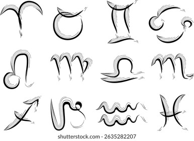 black color abstract line art astrology zodiac brush stroke signs