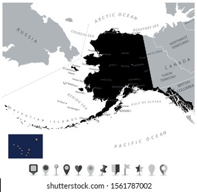 Schwarze Farbe Alaska Karte und flache Kartensymbole. US State Alaska Karte mit nationalen Grenzen, wichtige Städte.