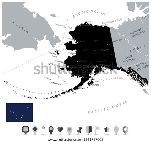 黒いカラーのアラスカの地図とフラットな地図のアイコン 国境のある米国のアラスカ州の地図 重要な都市 のベクター画像素材 ロイヤリティフリー
