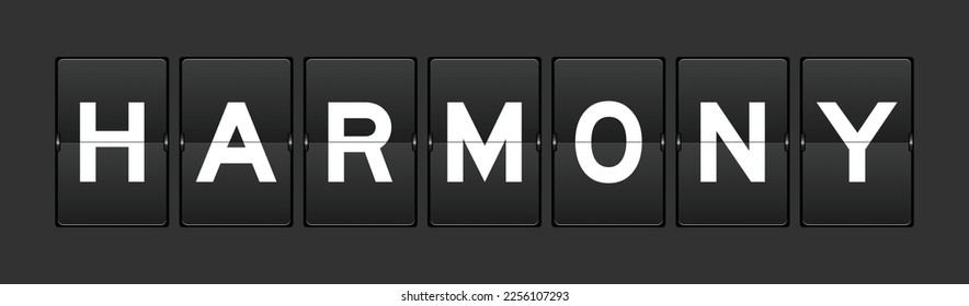 Black color analog flip board with word harmony on gray background